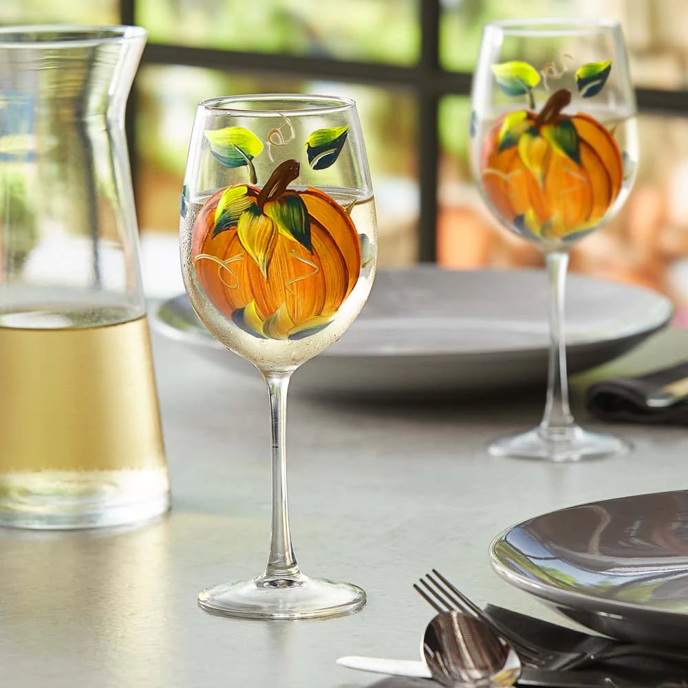 Autumn Magic: Hand Painted Wine Glasses Collection with Pumpkins and Sunflowers