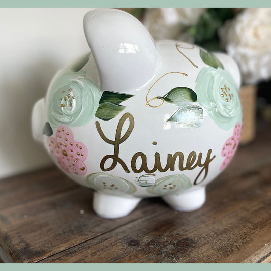 Custom Hand-Painted  Light Pink  and Mint Green Floral Piggy Bank - Personalized Ceramic Money Bank for Kids - Perfect Nursery Decor and Unique Gift