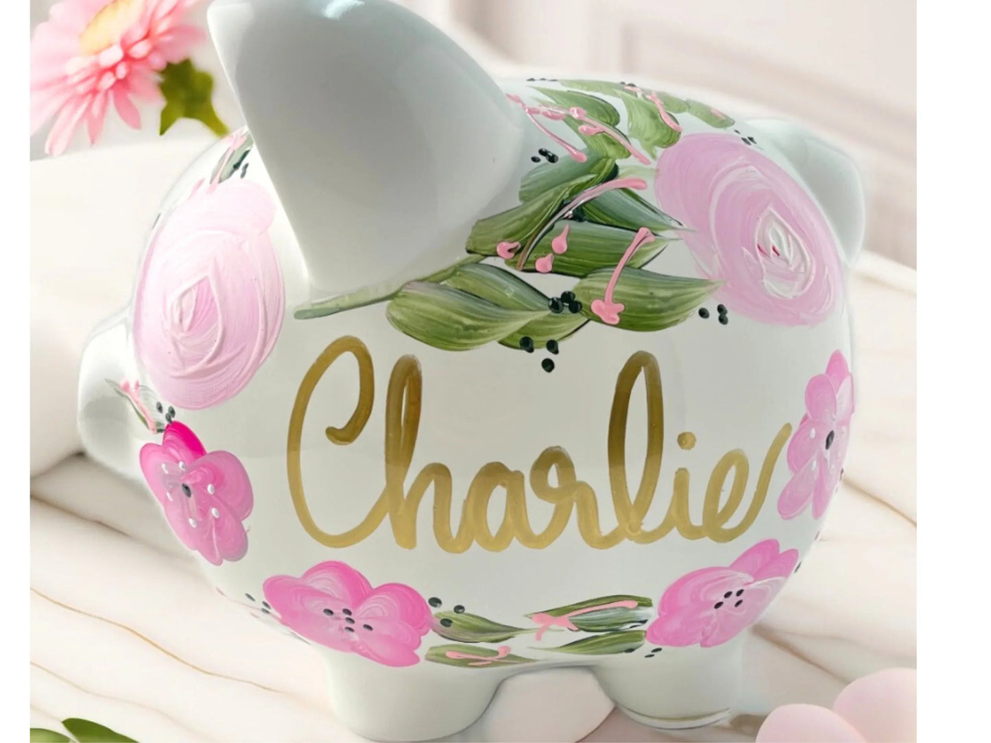 Hand Painted Boho Flowers Piggy Bank - Personalized Light Pink and Hot Pink Flowers
