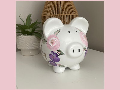 Purple and Pink Custom Hand Painted Boho Flowers Piggy Bank - Personalized Pink Flowers