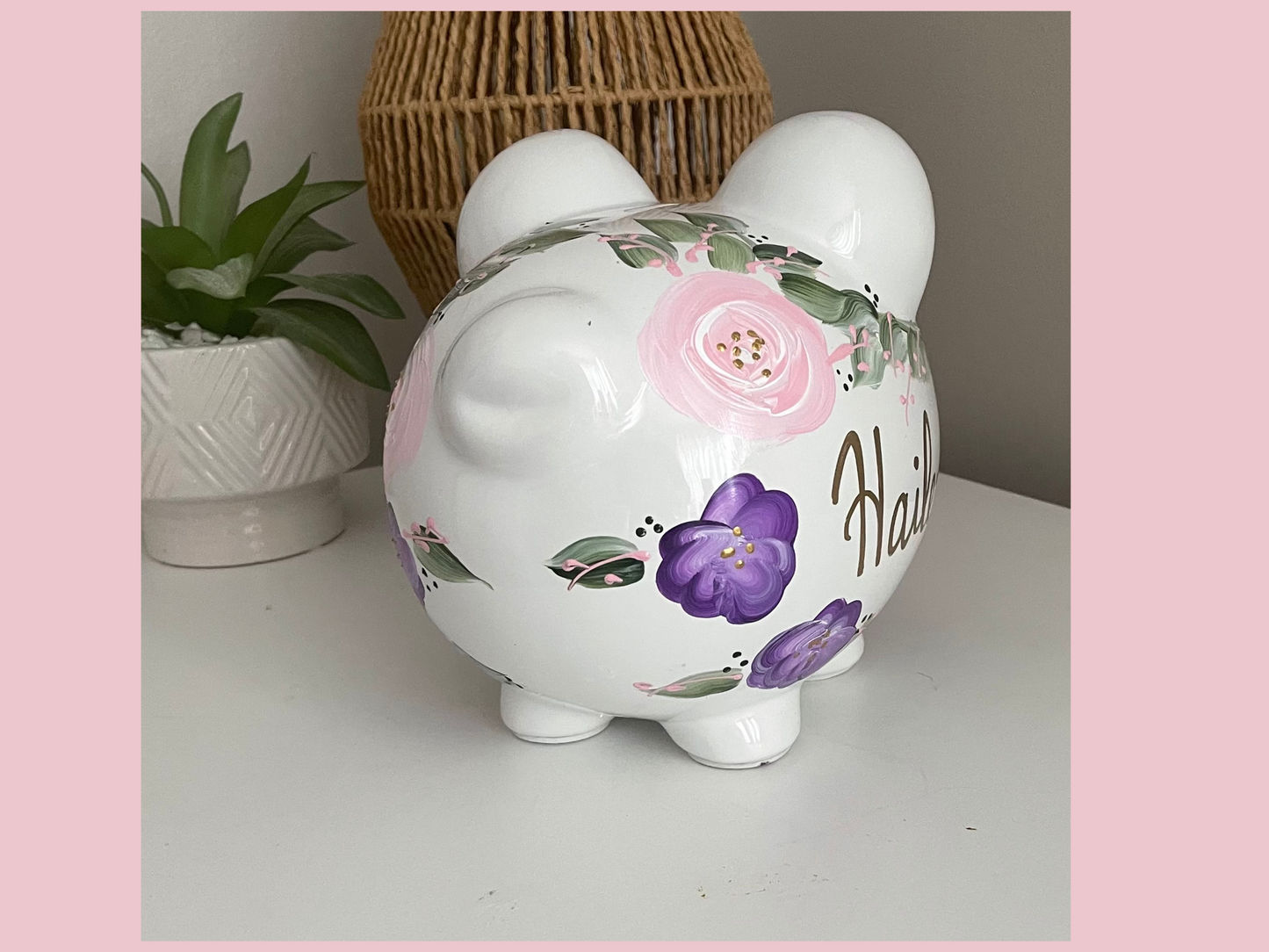 Purple and Pink Custom Hand Painted Boho Flowers Piggy Bank - Personalized Pink Flowers