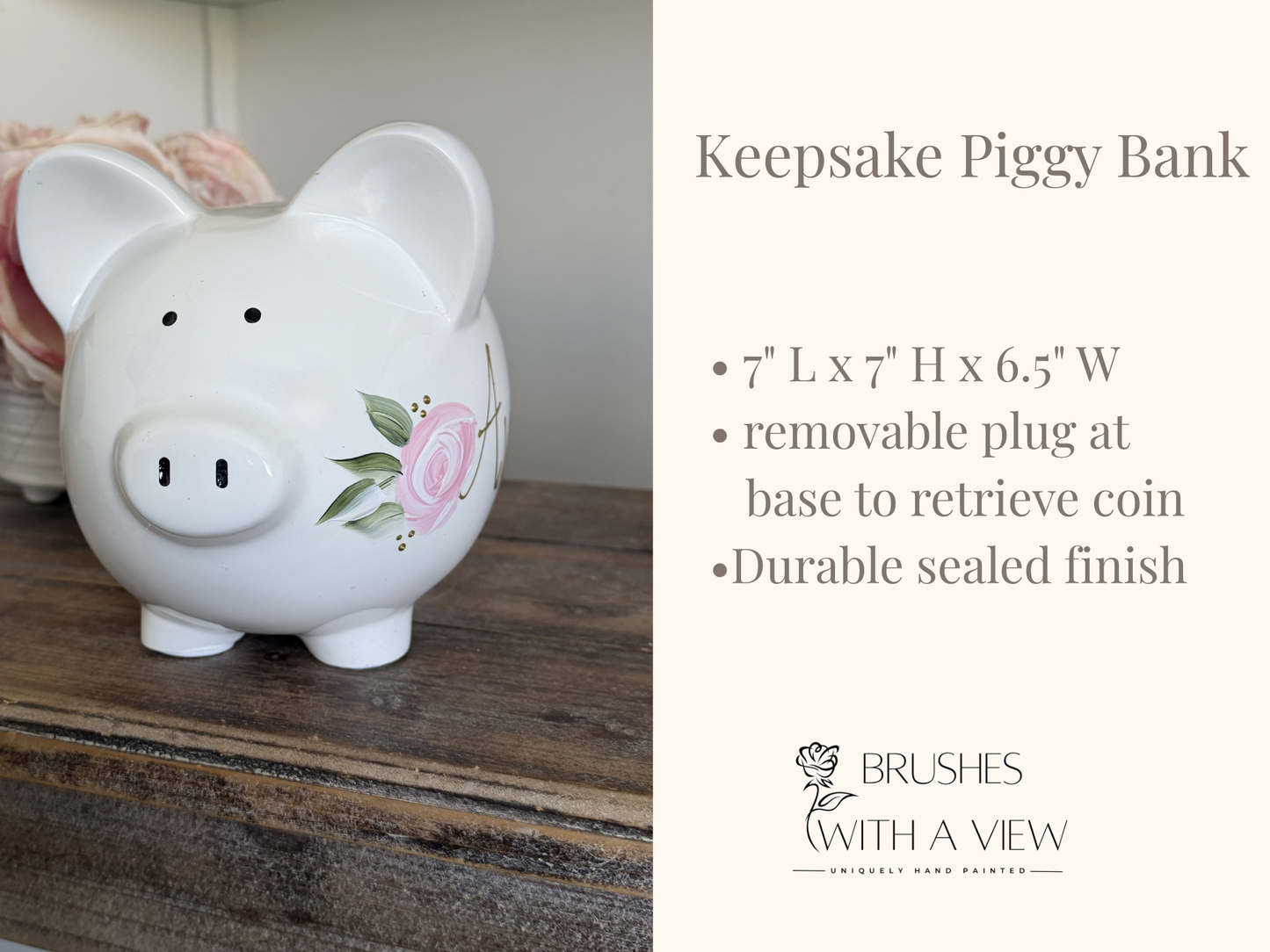Personalized June Birth Flower Piggy Bank – Hand-Painted Pink Rose