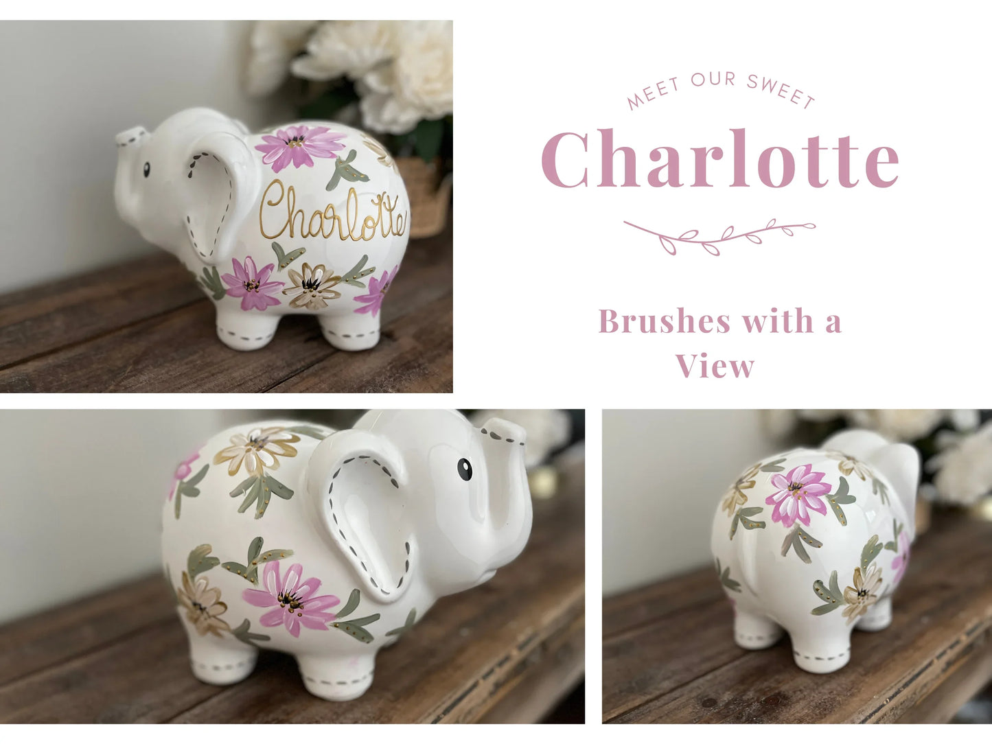 Personalized Elephant Piggy Bank with Pink Floral Design