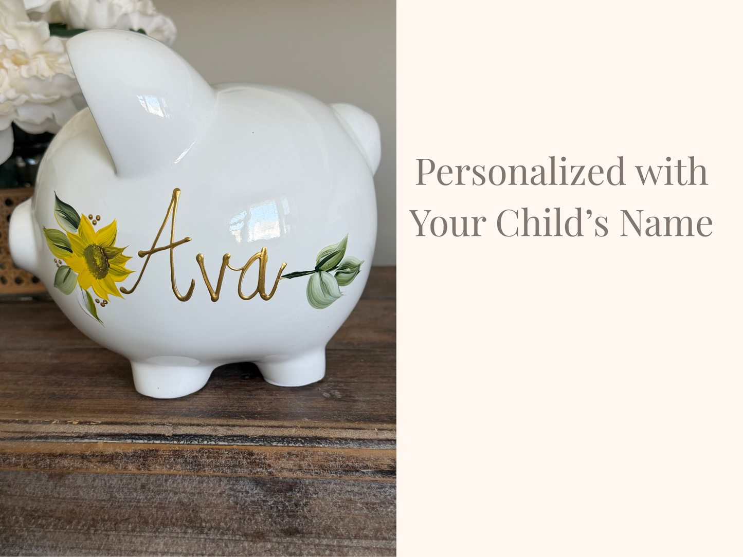 Personalized Sunflower Piggy Bank, Hand Painted Name Bank, Baby Girl Keepsake, Nursery Decor