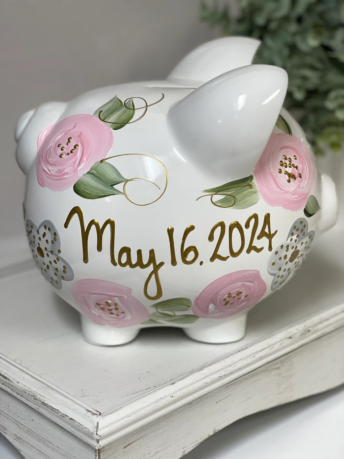 Personalized Piggy Bank Light Pink & Gray Flowers - Hand Painted