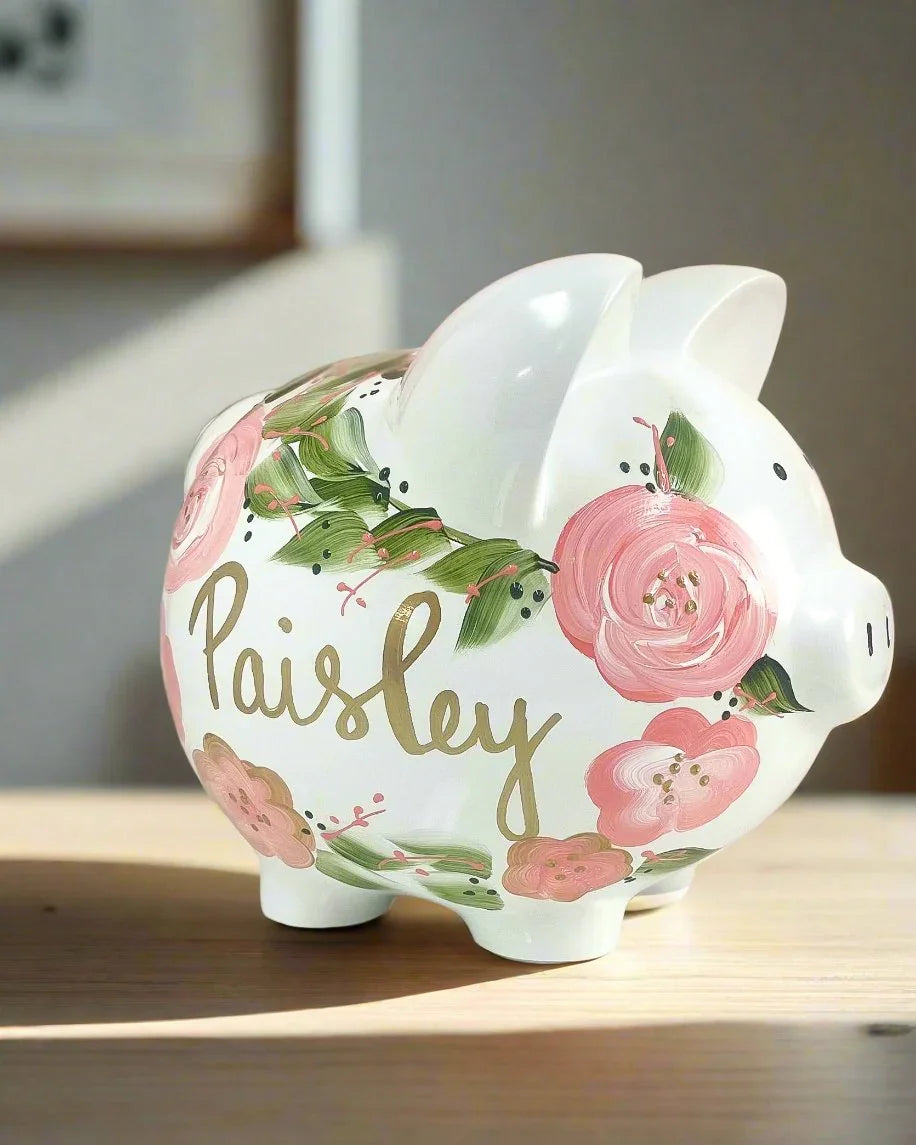 Large Boho Hand-Painted Peach Floral Piggy Bank – Personalized