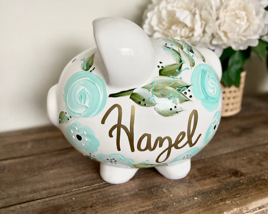 Personalized Floral Piggy Bank for Kids – Hand-Painted Custom Savings Bank for Girls