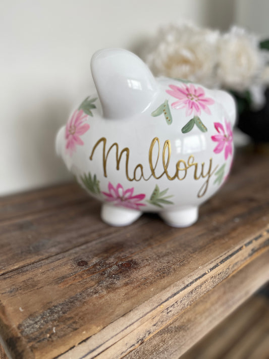 Custom Hand-Painted Floral Piggy Bank - Personalized Ceramic Money Bank for Kids - Perfect Nursery Decor and Unique Gift