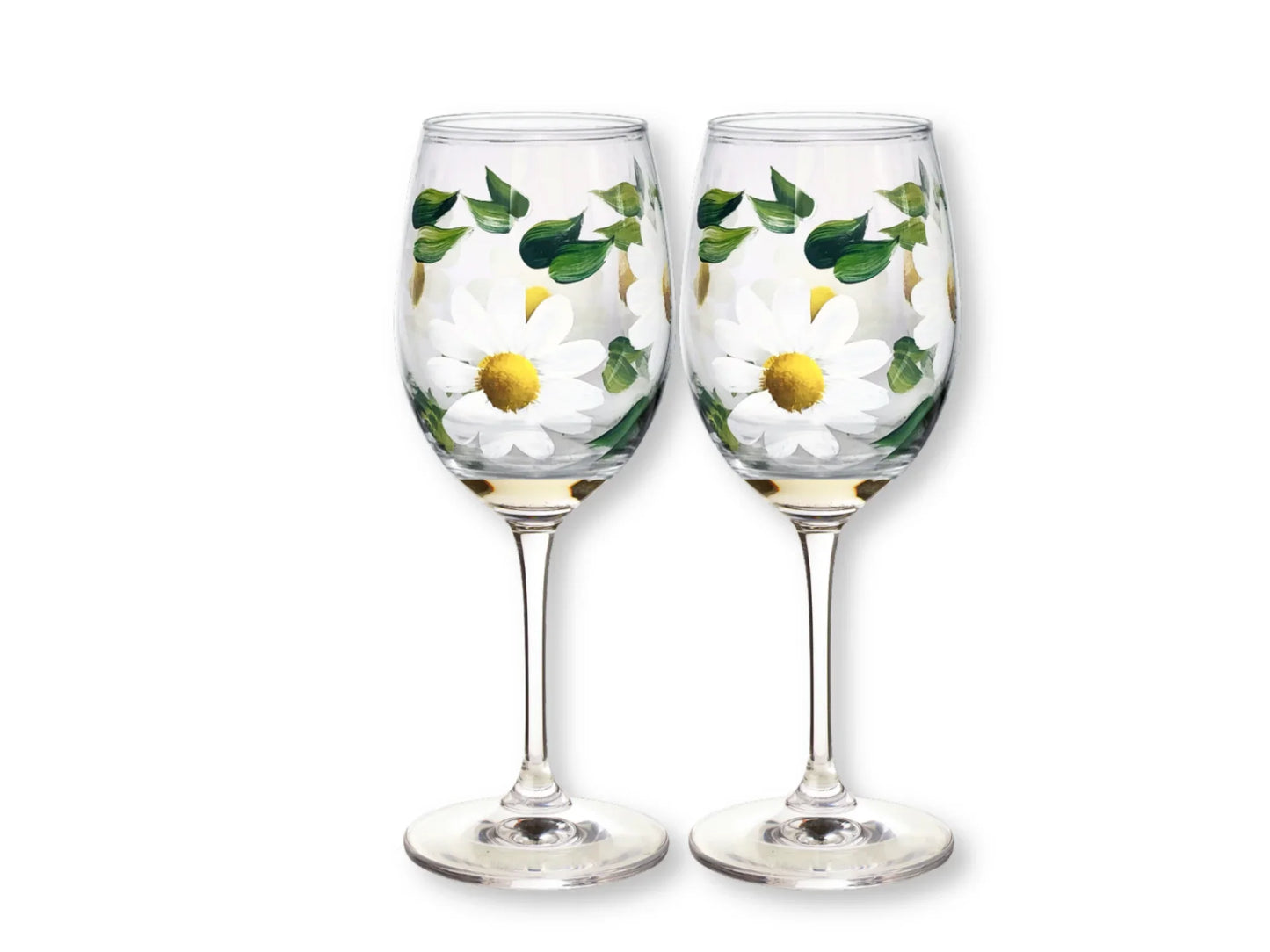 Two wine glasses with daisy flower designs on a white background