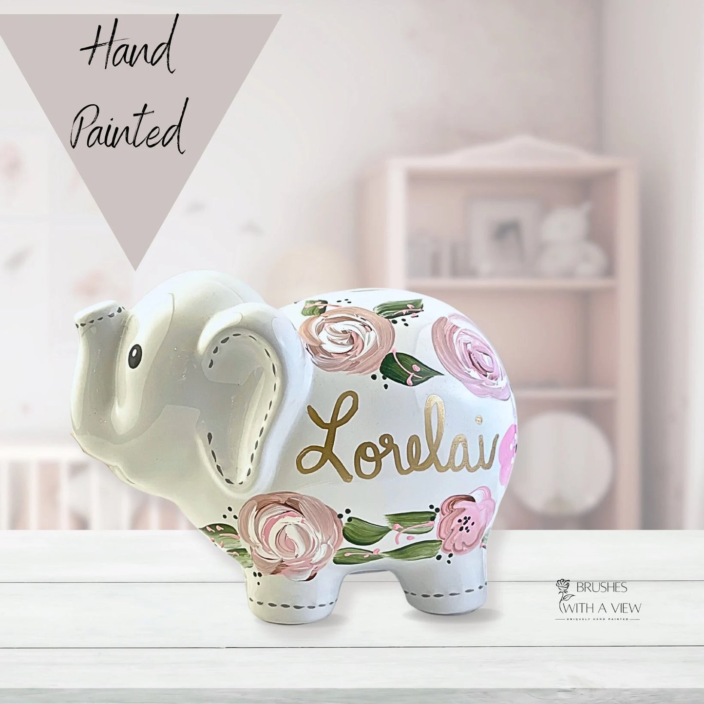 Personalized Pink & Tan Boho Elephant Piggy Bank – Hand-Painted Baby Girl Keepsake Gift