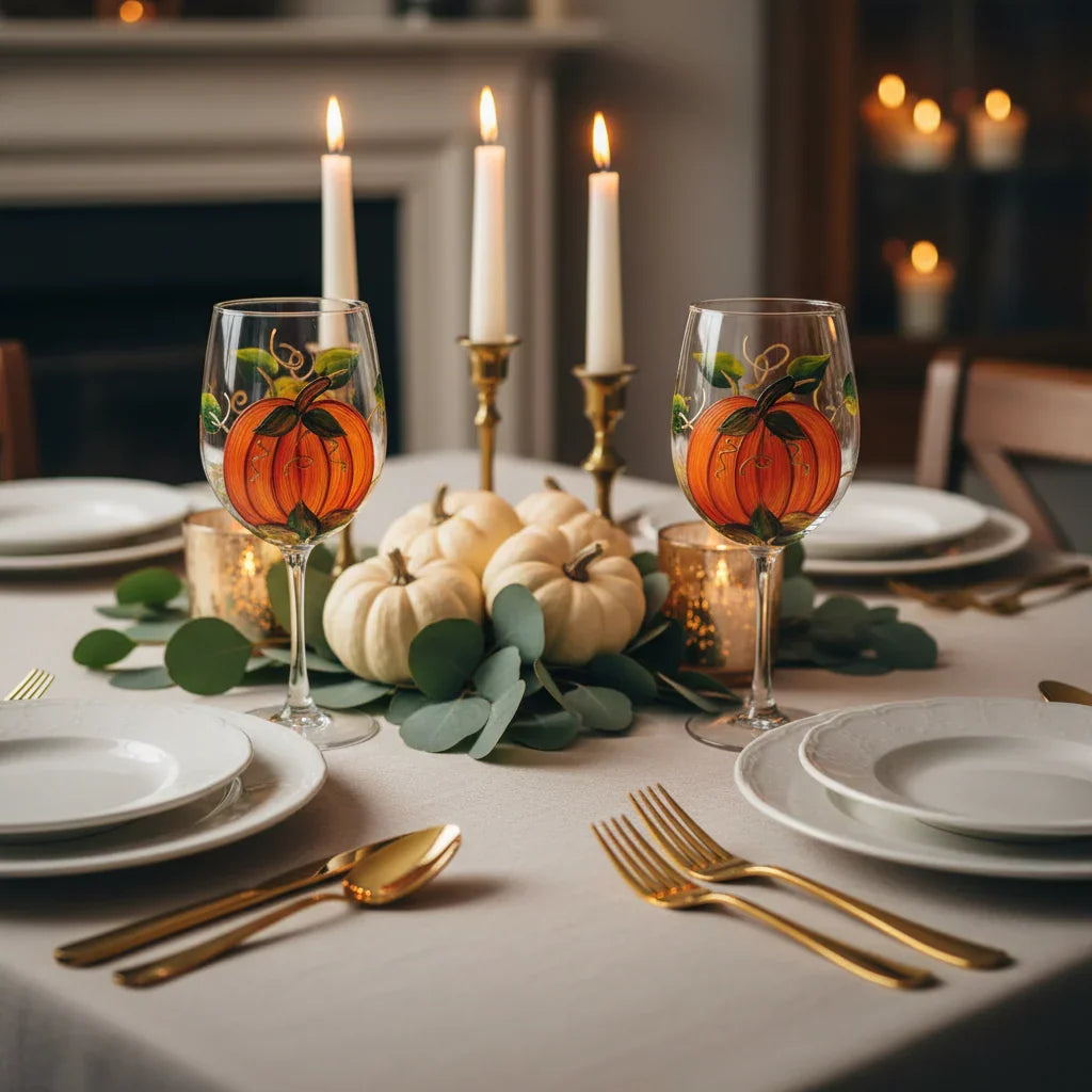 Harvest Pumpkin Hand-Painted Wine Glasses - Stemmed or Stemless - Set of 2 or 4