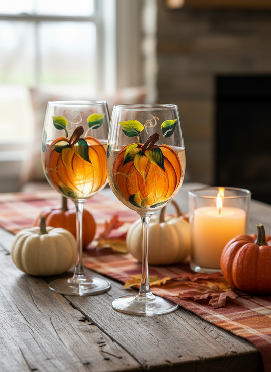 Two wine glasses with pumpkin designs on a table with pumpkins and a candle.