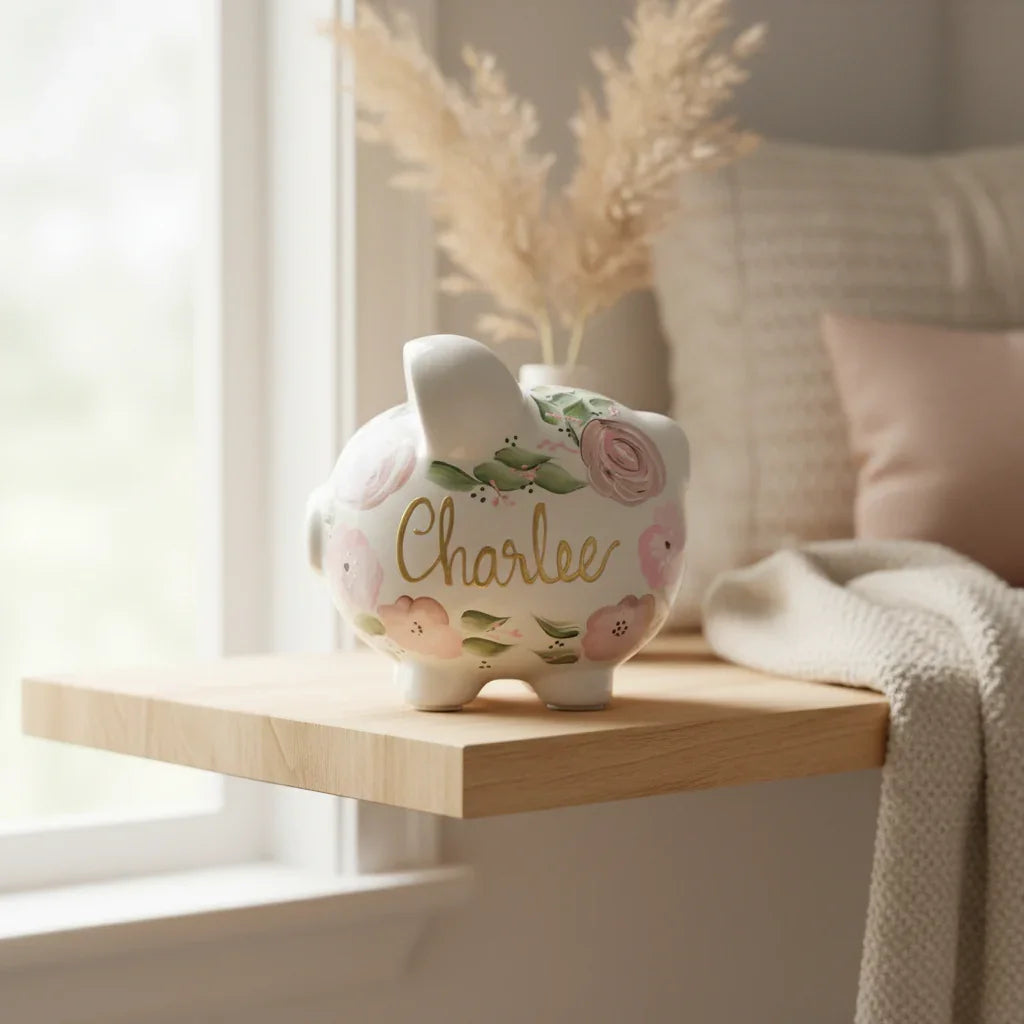 Personalized piggy bank with sage green boho leaves - hand-painted ceramic kids gift