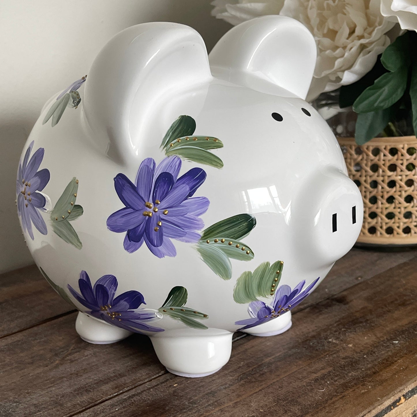 Hand painted floral piggy bank personalized gift - Brushes with a View