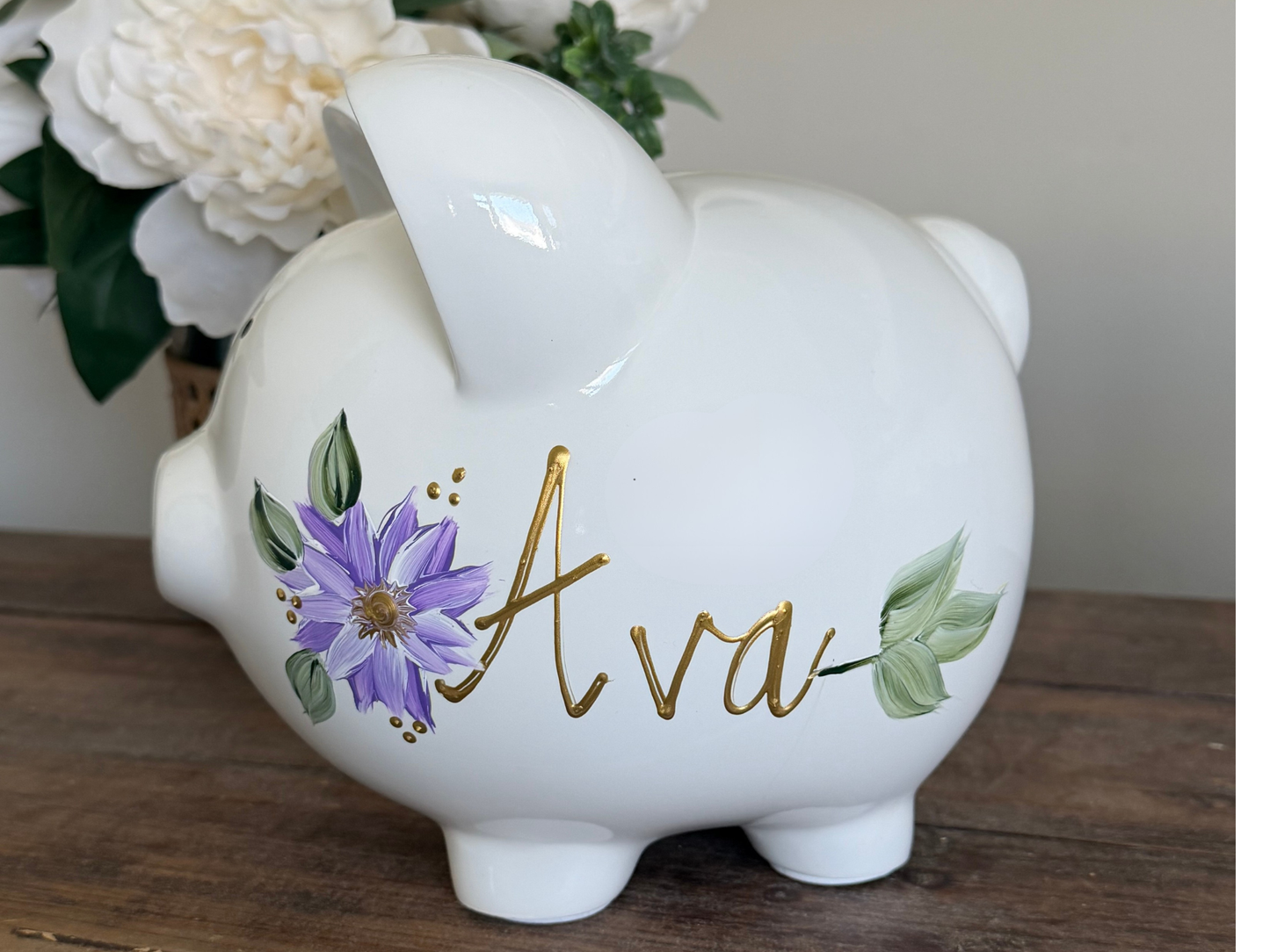 Personalized Aster Piggy Bank, September Birth Flower Gift, Hand Painted Name Bank, Baby Girl Keepsake, Nursery Decor