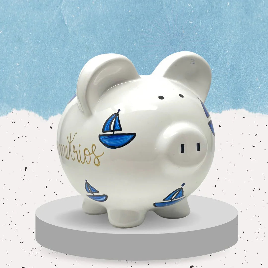 Hand Painted Personalized Nautical Piggy Bank, Child's Large White Piggy Bank for Nursery