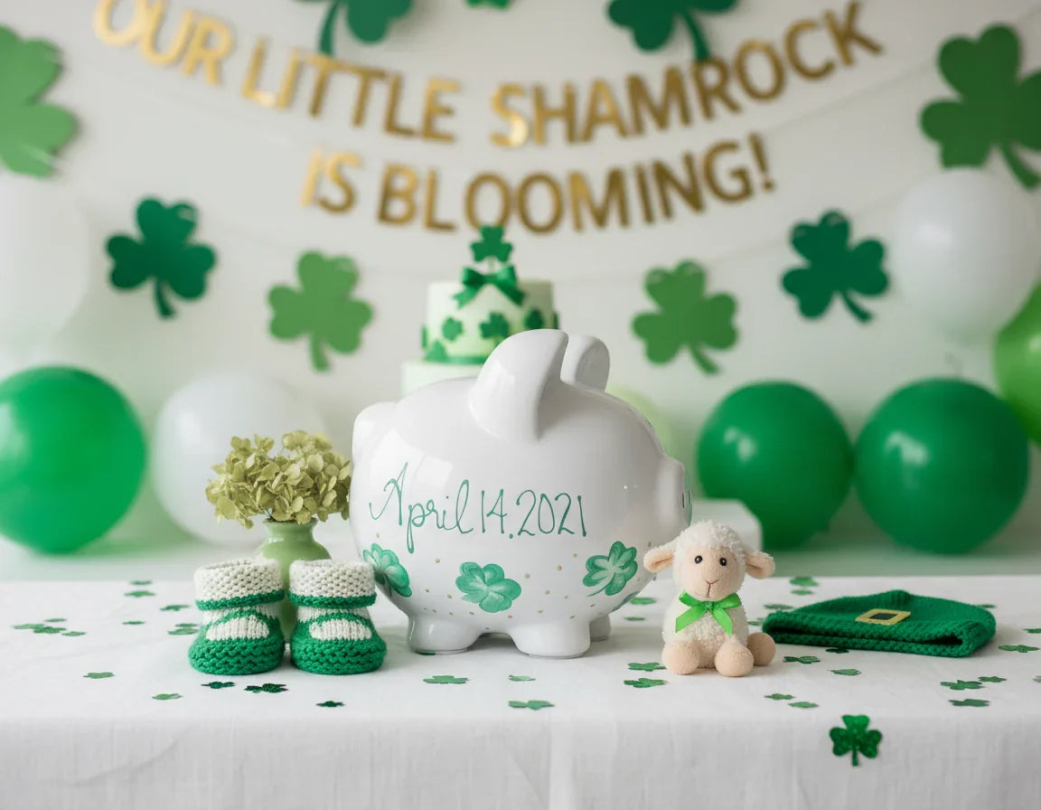 Your shamrock piggy bank with Irish decorations