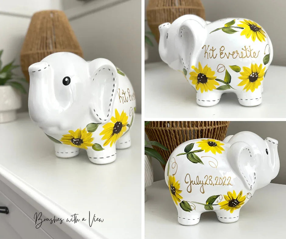 Personalized Elephant Piggy Bank - Hand-Painted Sunflower Design - Custom Baby Gift