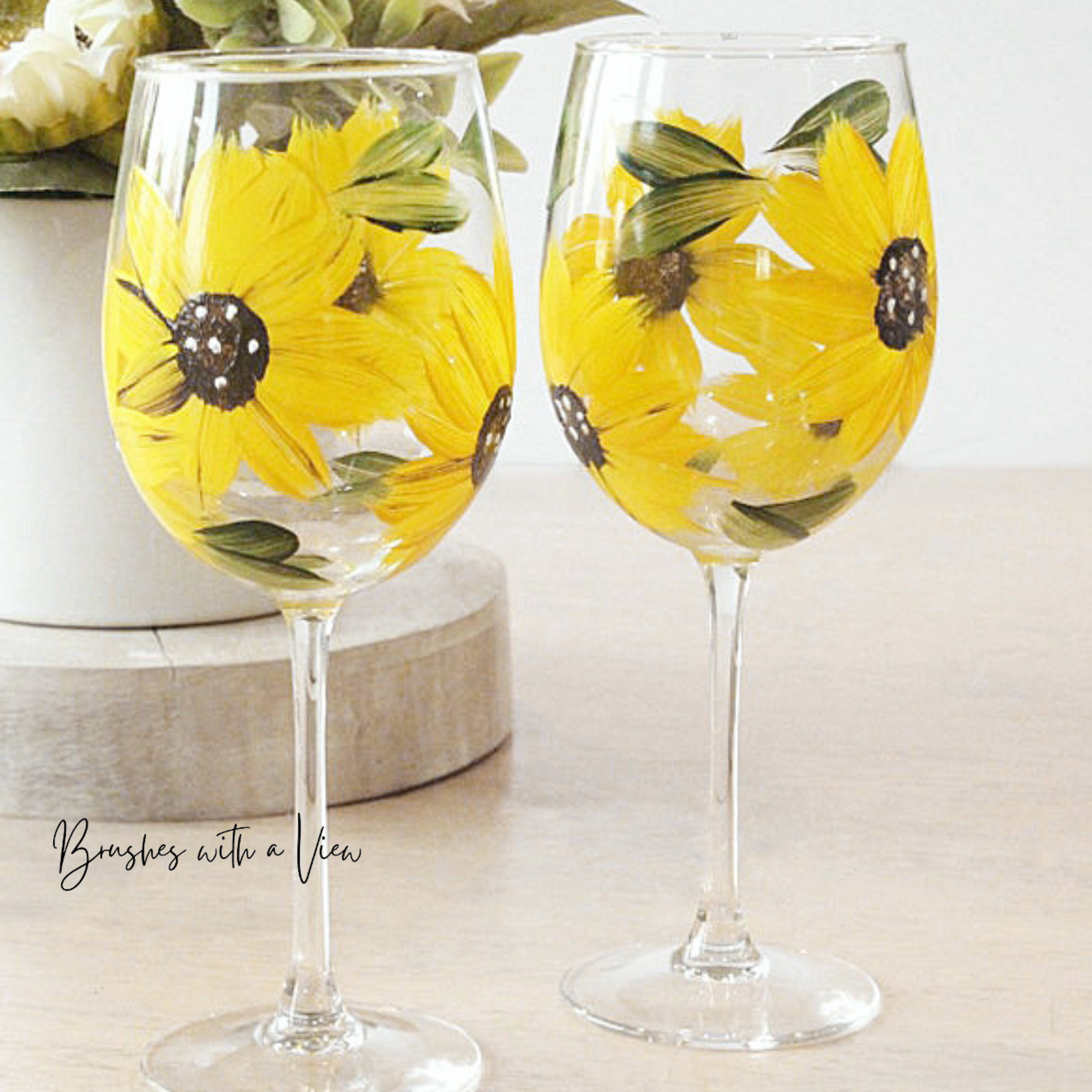 Sunflower Wine Glass Hand Painted Stemmed Set of 2 - Brushes with a Vie