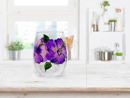 Hibiscus Hand painted Stemless Wine Glass, 15 oz.