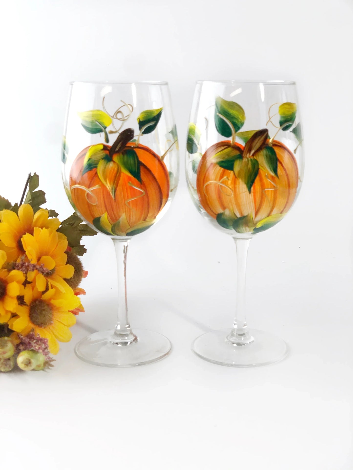 Harvest Pumpkin Hand-Painted Stemmed Wine Glass - Set of 4 - 12 ounce