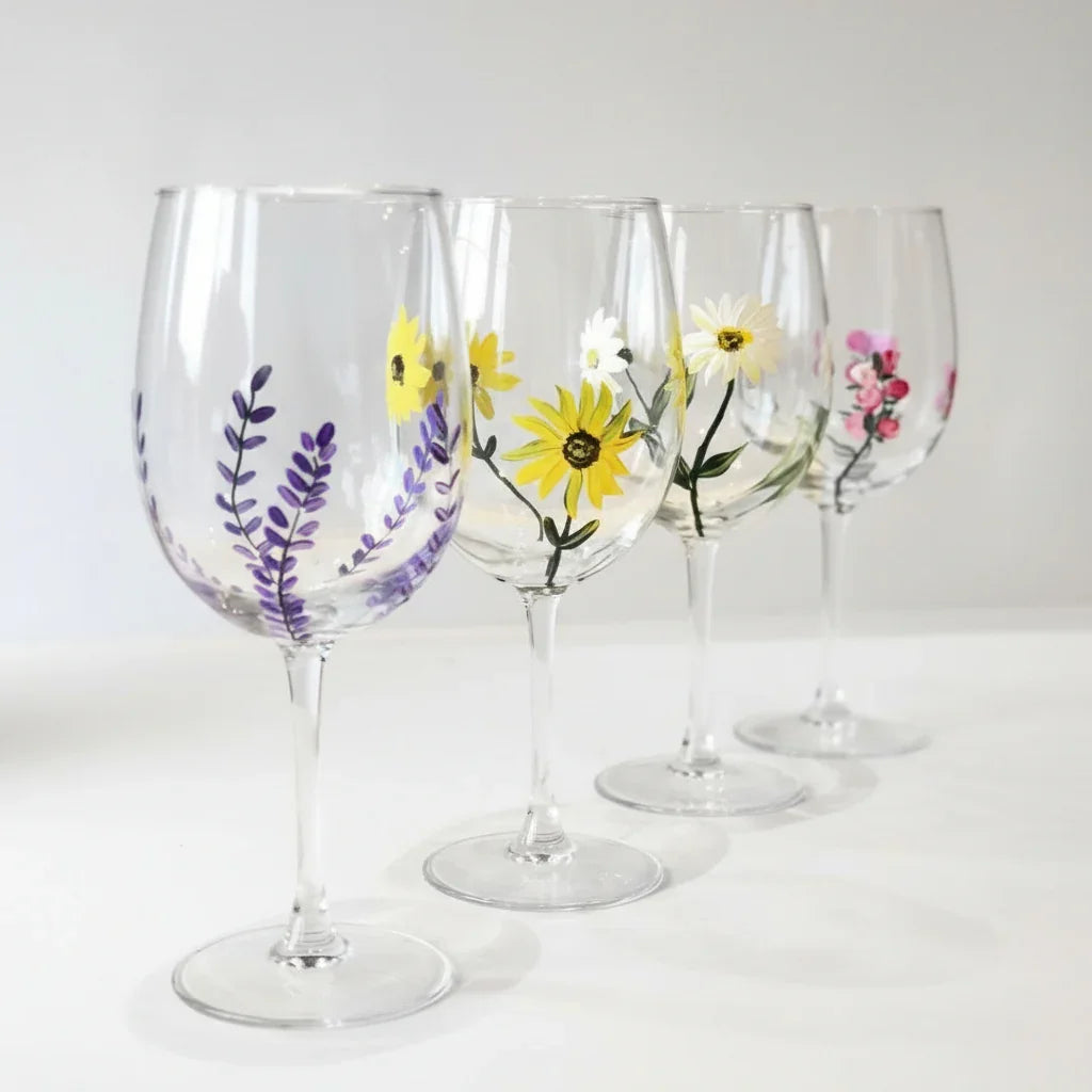 Hand-Painted Mixed Flower Wine Glasses Set of 4
