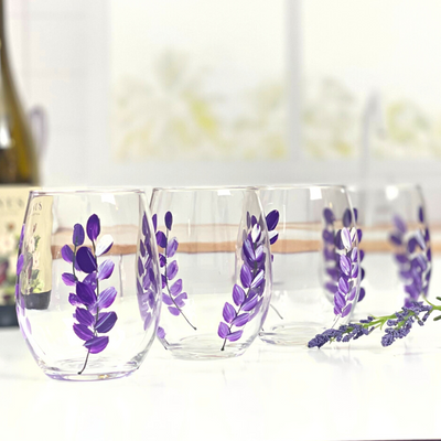 lavender flower wine glasses hand painted stemless wine glasses
