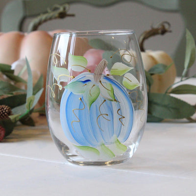 Harvest Pumpkin, Shades of blue  Hand-Painted Stemless Wine Glass
