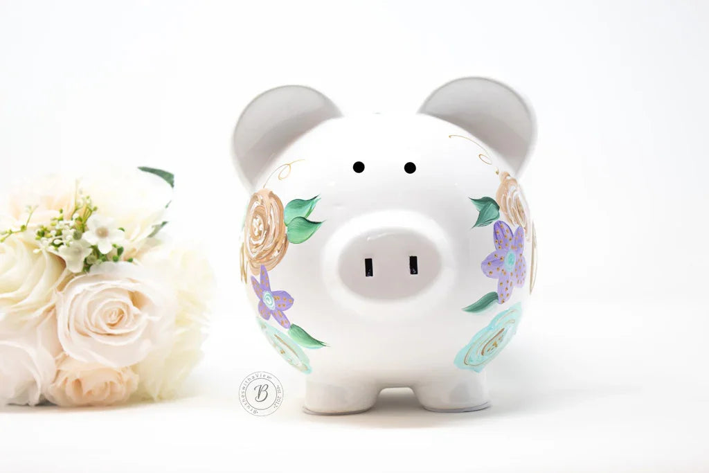 Personalized Piggy Bank Purple and Teal Flowers - Hand Painted Ceramic