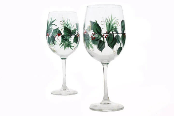 Hand Painted Christmas Wine Glasses with Stem, Set of 2 - 12 ounces