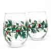 Christmas Wine Glasses - Set of 2 Stemless  - Hand Painted -  Holly and Berry