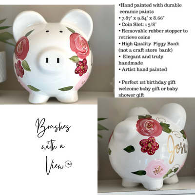 Brushes with a View hand painted personalized piggy bank for for girls