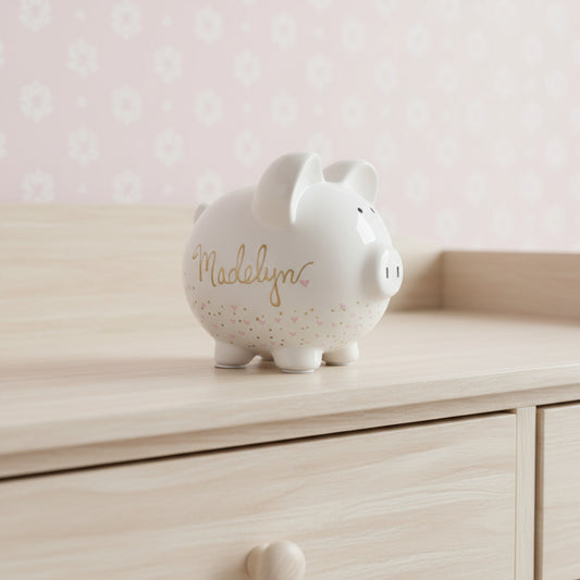 Personalized Hand Painted Piggy Bank with gold and pink hearts