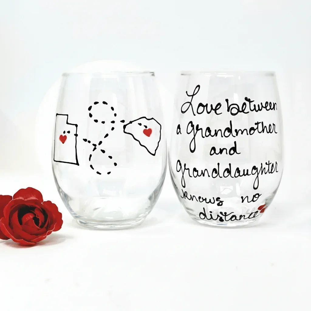 Love Between A Grandmother & Granddaughter Knows No Distance, Hand Painted 21 oz. Stemless Wine Glass