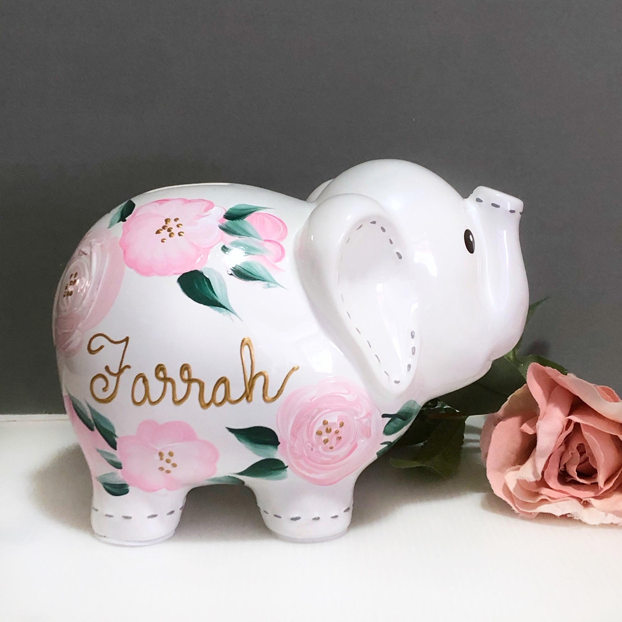 Personalized Elephant Piggy Bank, Pink Floral Baby Girl 