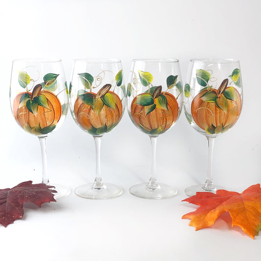 Harvest Pumpkin Hand-Painted Stemmed Wine Glass - Set of 4 - 12 ounce