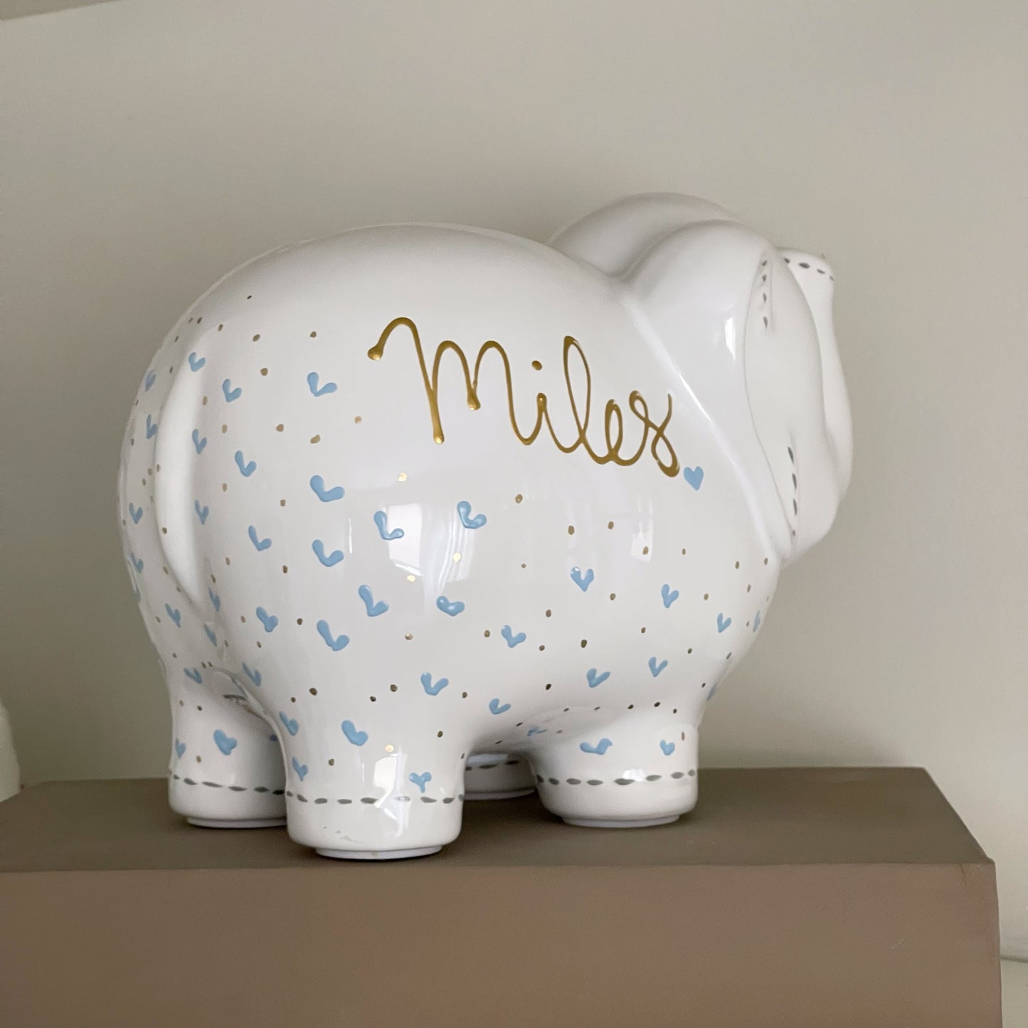 Personalized Elephant Piggy Bank - Hand-Painted Light Blue Hearts - Custom Baby Gift