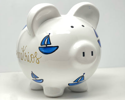 Hand Painted Personalized Nautical Piggy Bank, Child's Large White Piggy Bank for  Nursery