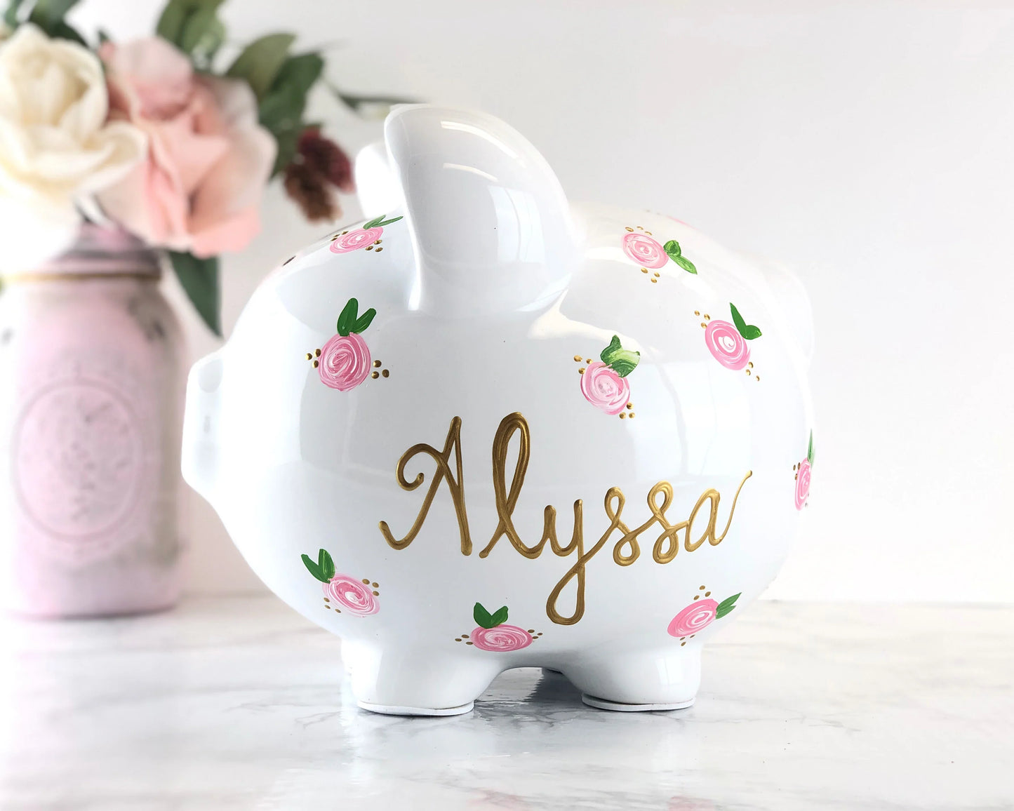 Large Personalized Piggy Bank For Girls - Pink Flowers
