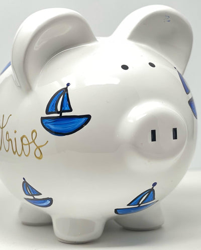 Hand Painted Personalized Nautical Piggy Bank, Child's Large White Piggy Bank for  Nursery