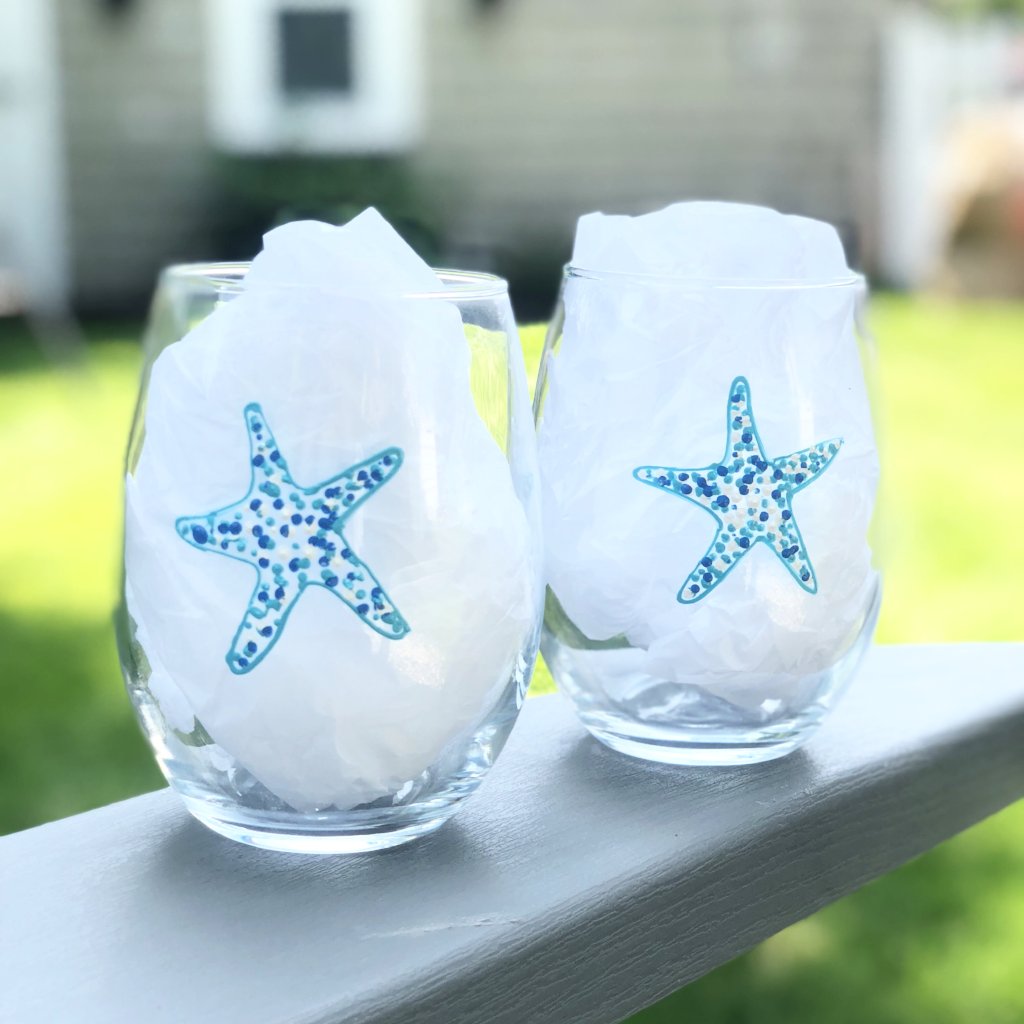 wine glasses with fish Star Fish Stemless wine glass, set of 2 Beach Decor Hand Painted 15oz