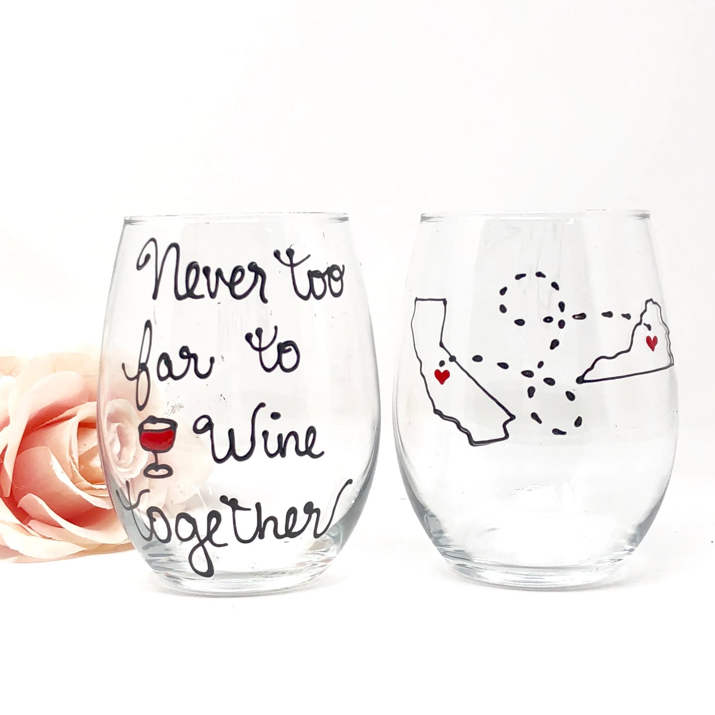 Never too Far to Wine Together, Hand Painted Wine Glass