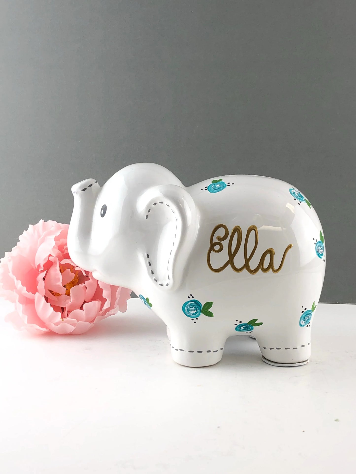 Personalized Elephant Piggy Bank with Teal Blue Flowers