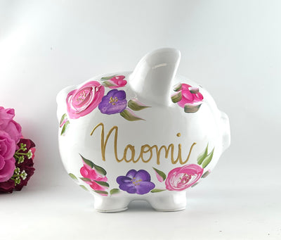 Personalized  Piggy Bank, Floral Baby Girl - Brushes with a View