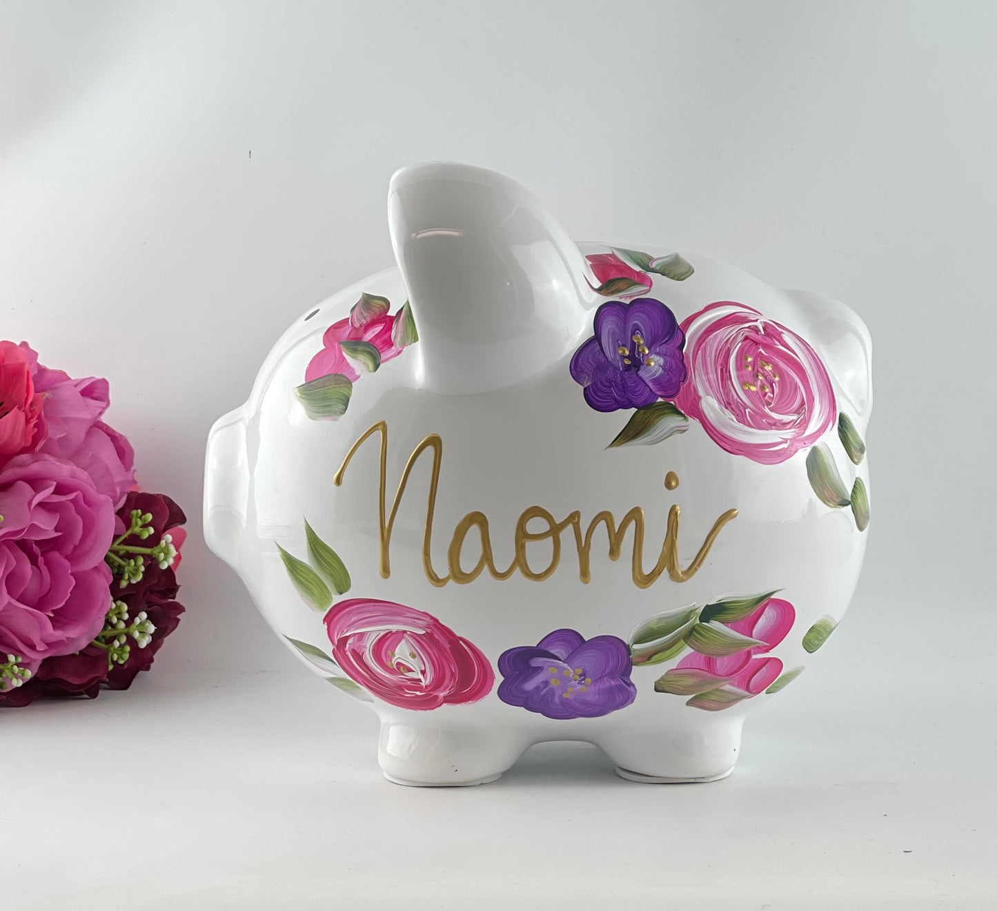 Personalized Piggy Bank, Floral Baby Girl - Brushes with a View