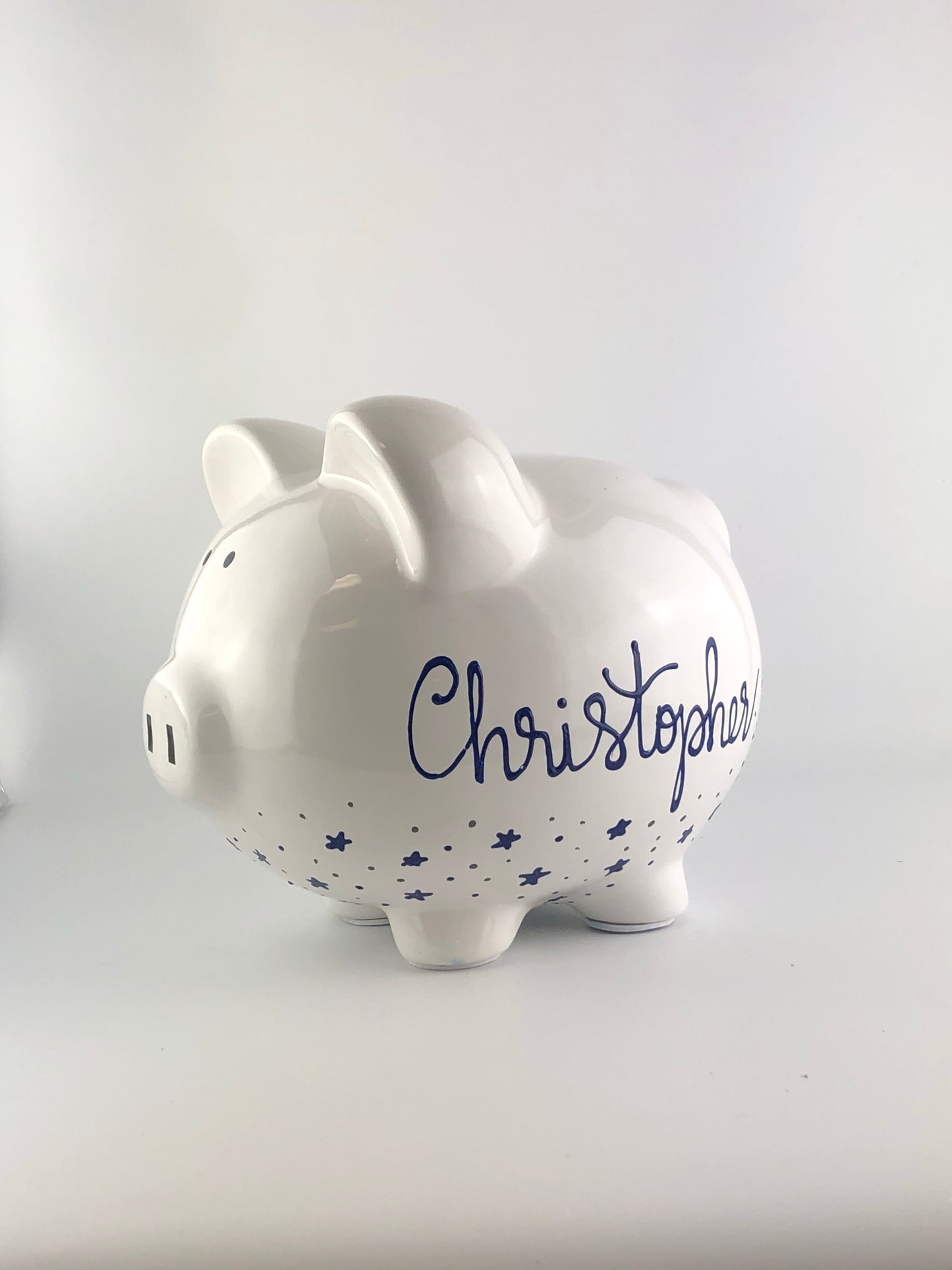 Personalized Hand Painted Piggy Bank with Navy Stars - Brushes with a View