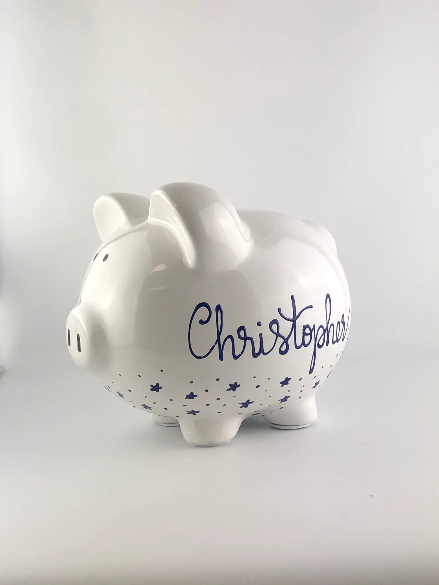Personalized Hand Painted Piggy Bank with Navy Stars - Brushes with a View