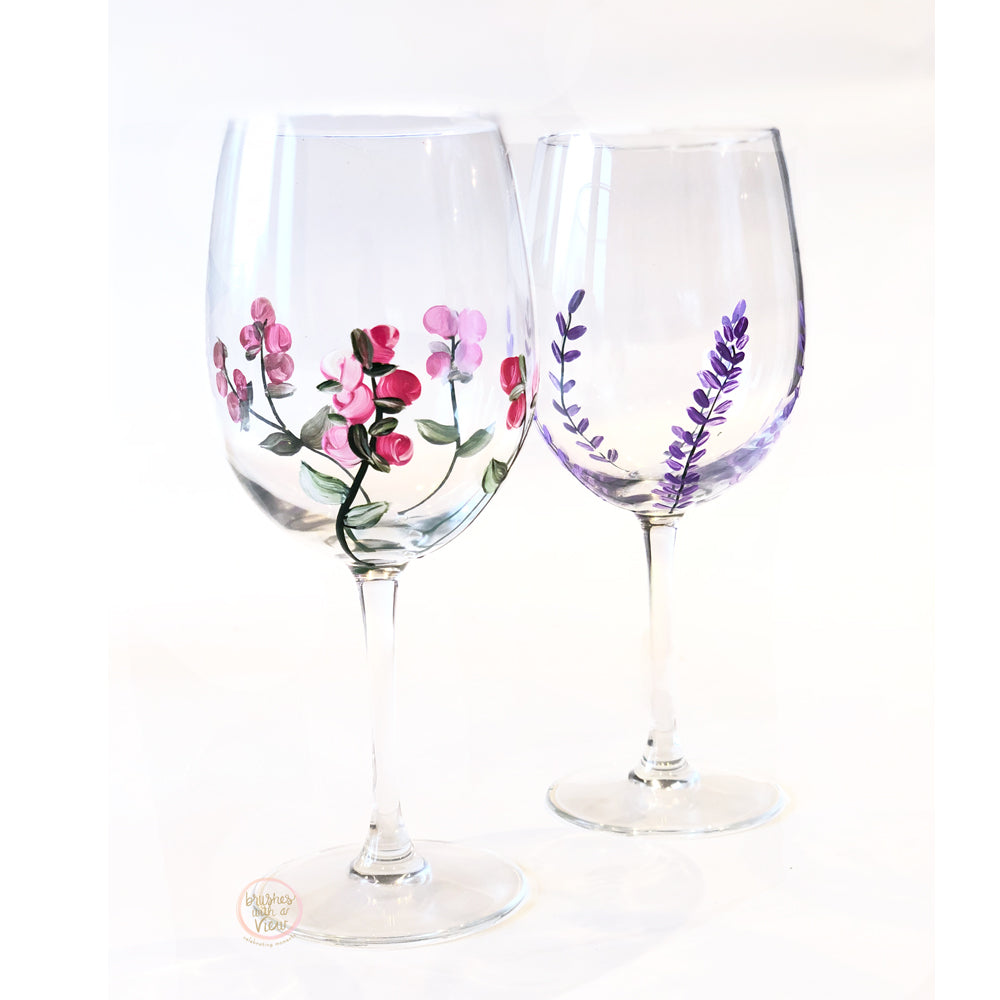 Hand Painted Lavender Stemmed Wine Glasses Set of 2 Purple Lavender Flower and Pink Rose buds 