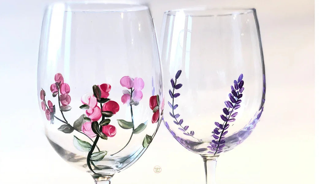 Hand Painted Lavender Stemmed Wine Glasses Set of 2 Purple Lavender Flower and Pink Rose buds