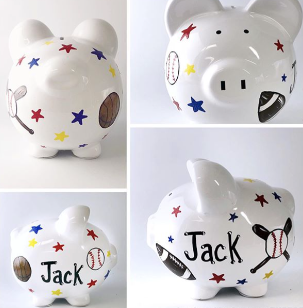 Sports Piggy Bank Featuring Basketball- Football and Baseball Large Personalized